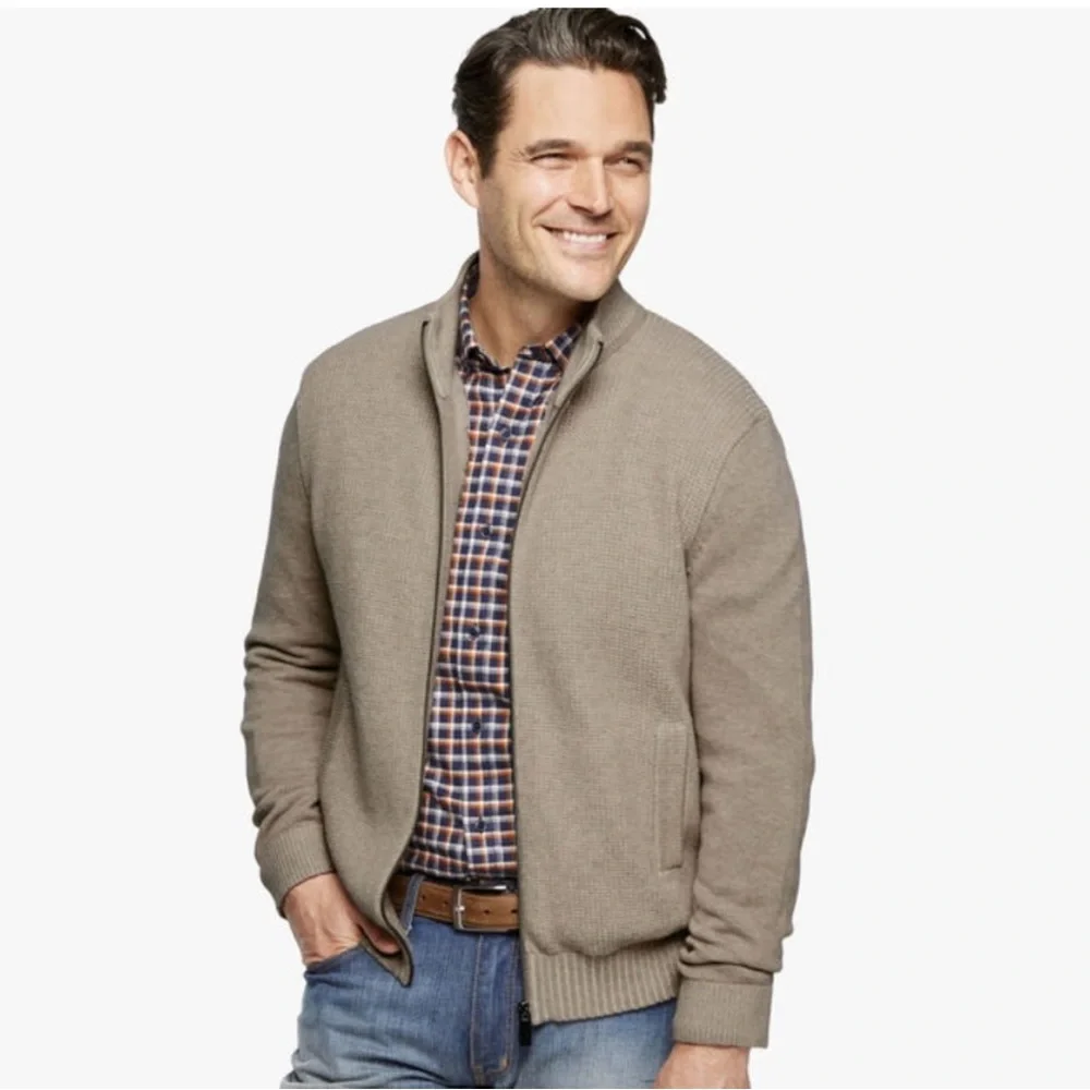 JOHNSTON & MURPHY Full Zip Sweater Jacket Mens Size XL Faux Fur Lining Beige